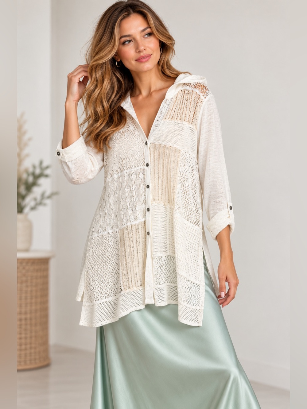 Multiples  Boho Crochet  Patchwork Duster Cardigan Cream Size XL